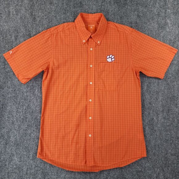 Clemson Tigers Shirt Mens Medium Orange Plaid Casual Short Sleeve Button Down - Picture 1 of 15